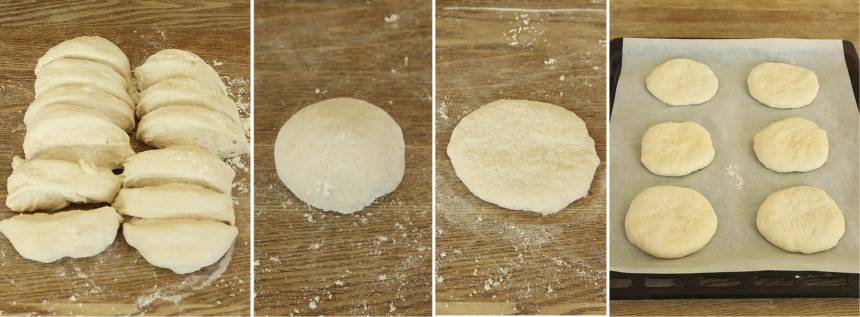 2. Gör 16–20 runda bollar av degen med mjölade händer. Lägg dem på en plåt med bakplåtspapper och platta till dem. Låt bröden jäsa under bakduk i ca 30 min. Sätt ugnen på 250 grader. 