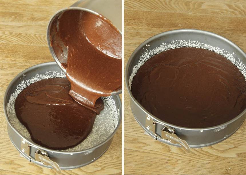 2. Smörj och bröa en form med löstagbar kant, 22–24 cm i diameter. Använd kokos eller ströbröd. Häll smeten i formen.