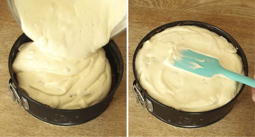 5. Häll Daimsmeten över kakan och ställ formen i frysen i några timmar. Ta fram tårtan 10–15 min före servering. Garnera kakan med hackad Daim.