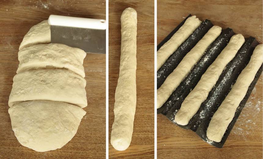2. Dela degen i fyra delar. Rulla ut dem till baguetter, ca 35 cm, på ett mjölat bakbord. Lägg baguetterna på en baguetteplåt eller en plåt med bakplåtspapper.
