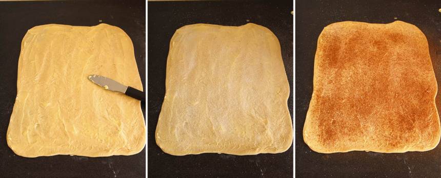 3. Bred ut smör på degen och strö över socker och kanel.