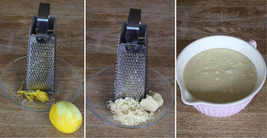 1. Sätt ugnen på 180 grader. Vispa ägg och socker pösigt i en bunke. Riv citronskalet och mandelmassan fint. Blanda ner det i äggsmeten. Blanda malen bittermandel, bakpulver, vaniljsocker och vetemjöl i en bunke. Rör ner det i äggsmeten. Tillsätt mjölk och smör. Vispa ihop allt till en slät smet.