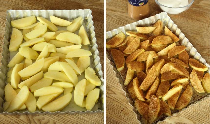 1. Sätt ugnen på 200 grader. Skala och klyfta äpplena. Lägg dem i en smord form, ca 18 x 25 cm. Strö över socker och kanel.