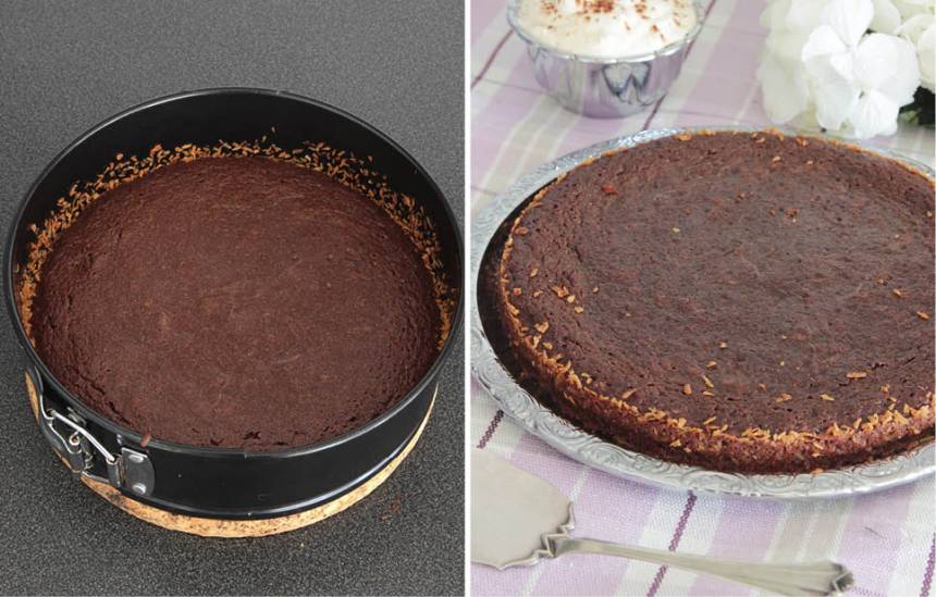 3. Grädda kakan mitt i ugnen i 18–20 min beroende på hur kladdig du vill ha den. Låt den svalna i formen. Servera gärna kakan med vispad grädde.
