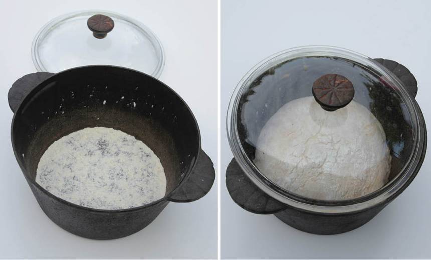 3. Ta ut grytan och strö lite mjöl i bottnen och lägg den mjölade degen i den heta grytan och lägg på locket. Utan mjöl fastnar brödet.