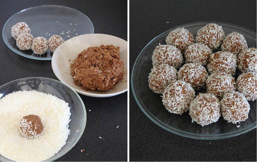 2. Gör runda bollar av degen i önskad storlek. Rulla nougatbollarna i kokos. Förvara dem i en burk med tättslutande lock i kylskåpet. 