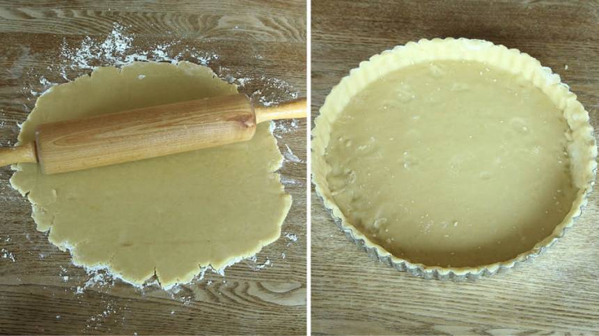 2. Kavla ut pajdegen på ett mjölat bakbord och lägg den i en pajform, eller tryck ut den direkt i en pajformen, 22–23 cm i diameter.  