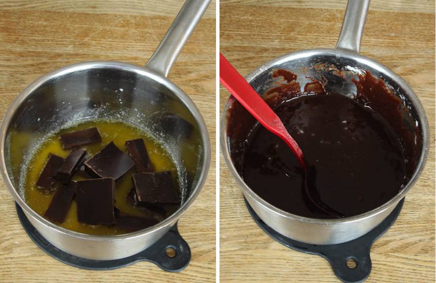 1. Sätt ugnen på 180 grader.  Smält smöret i en kastrull. Tillsätt chokladen och smält den på eftervärmen. Tillsätt resten av ingredienserna och blanda snabbt ihop allt till en slät smet. 
