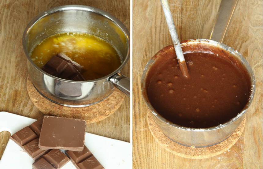 1. Sätt ugnen på 175 grader. Smält smöret i en kastrull. Tillsätt chokladen och låt den smälta på eftervärmen. Rör ner socker, kakao, salt, vaniljsocker och ägg. Blanda till sist i mjölet och rör ihop allt till en slät smet.