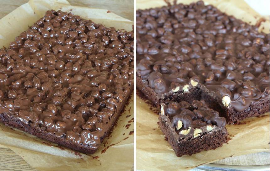 7. Bred ut chokladen på kakan och låt den stelna. Skär sedan kakan i rutor. Servera gärna med lättvispad grädde.