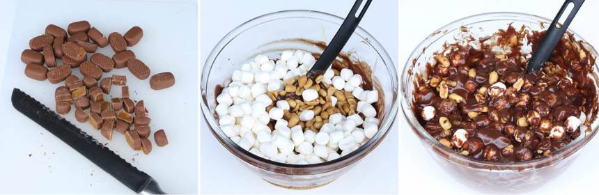 2. Skär Dumlekolorna i småbitar och blanda ner dem, nötterna och marshmallows i chokladsmeten. Rör om försiktigt. 