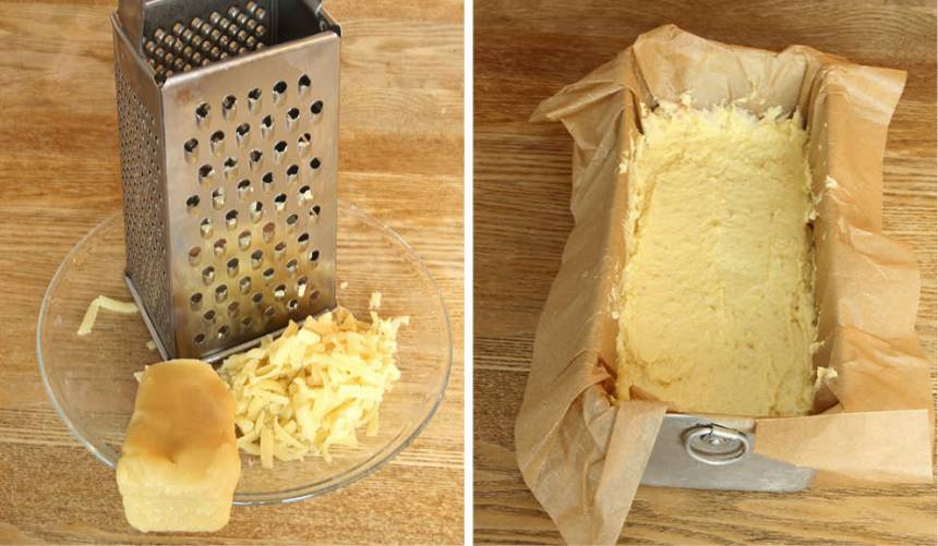 2. Riv mandelmassan grovt och rör ihop den med smöret. Tillsätt äggen och blanda. Rör ihop bakpulver och vetemjöl och blanda ner det och citronskalet i smeten. 3. Bred ut smeten i en limpform, ca 1 ½ liter, klädd med bakplåtspapper.