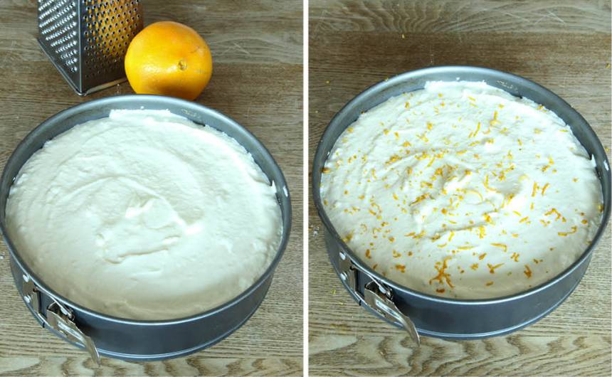 4. Bred ut smeten på smulbottnen. Riv apelsinskalet och strö det på ytan. Låt kakan stå i frysen i några timmar. Ta fram den ca 20 min före servering. Dekorera med pepparkakor.