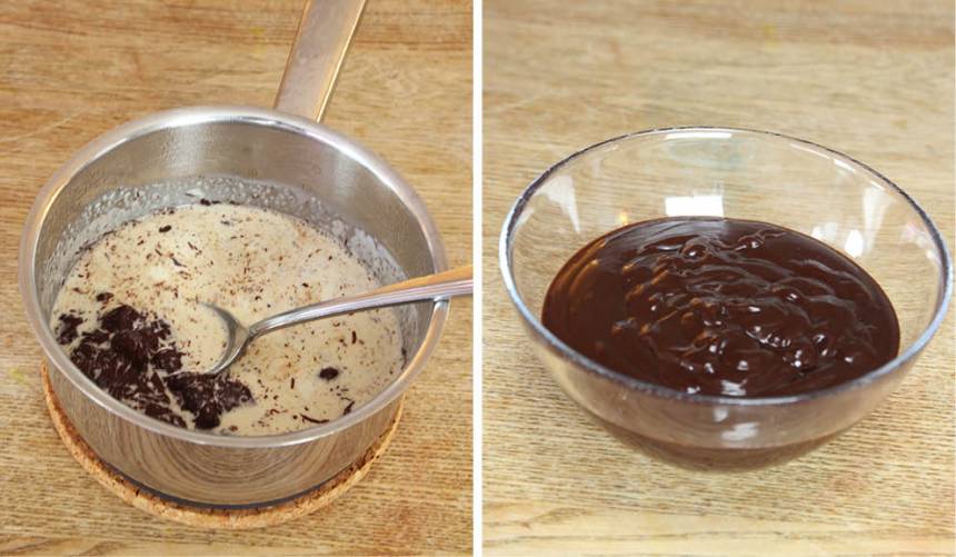 4. Chokladganache: Koka upp grädden i en kastrull. Stäng av värmen och lägg ner chokladen och låt den smälta. Blanda ihop till en slät sås och låt den svalna. Ställ den i kylen i 30–60 min. Rör om då och då. 