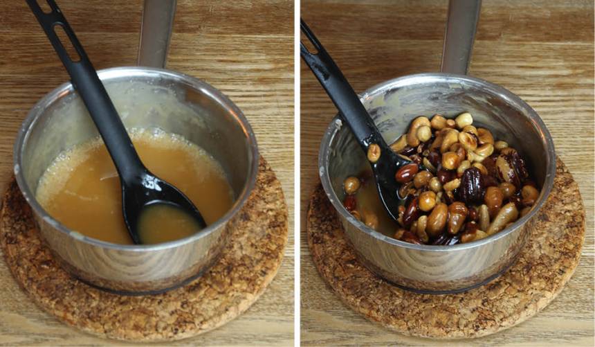 5. Toscatäcke: Koka upp grädde, socker och sirap i en kastrull. Låt det puttra till en tjock kolasmet. Stäng av värmen och rör ner smör och nötter. 