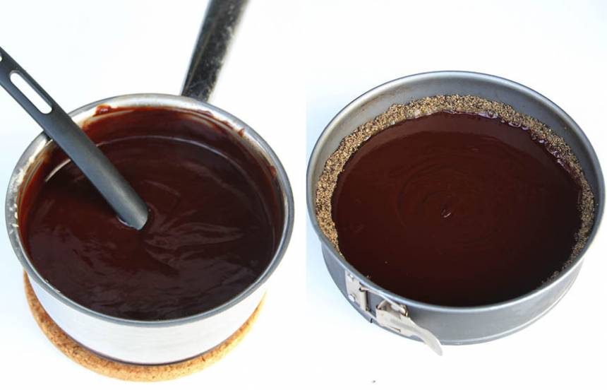 5. Chokladfyllning: Koka upp grädden i en kastrull. Stäng av värmen och låt chokladen smälta i grädden. Blanda ihop allt ordentligt till en kräm och bred ut den på kolasåsen. Låt den stelna i kylen och strö eventuellt på lite flingsalt. Servera pajen med en klick vispgrädde.