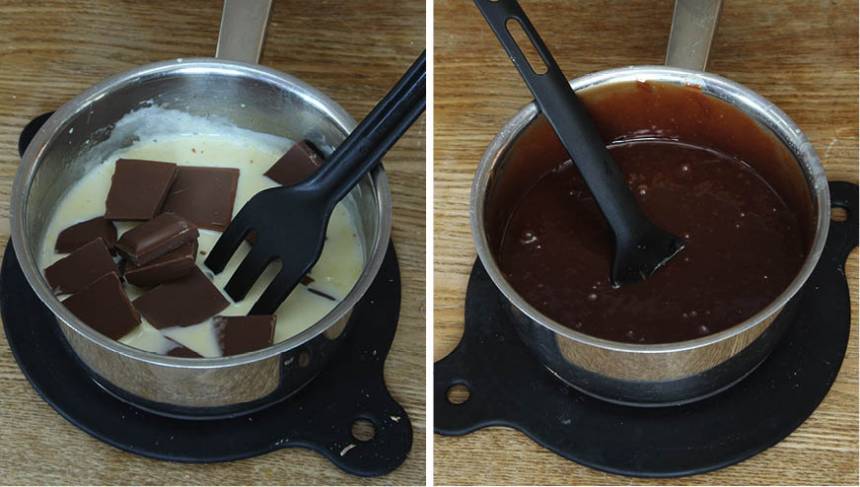 4. Krispig mjölkchokladganache: Koka upp vispgrädden i en kastrull. Stäng av värmen och låt chokladen smälta i eftervärmen. Rör om till en slät smet. 
