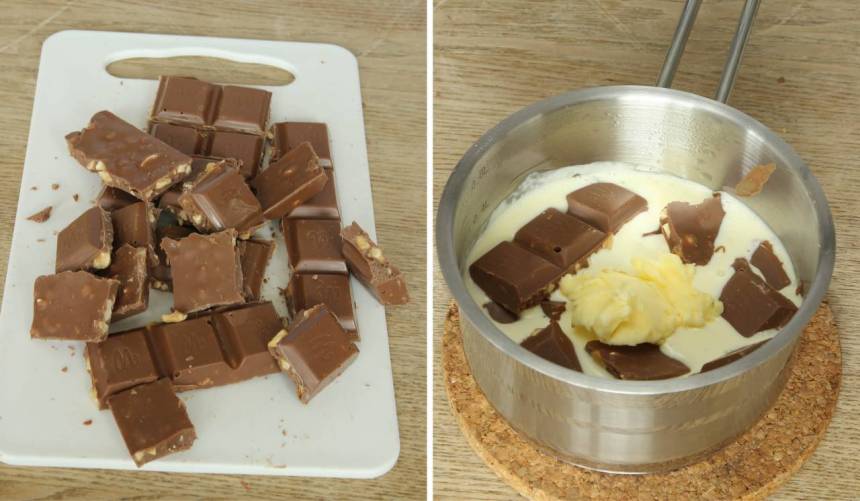 5. Fudge: Värmen upp grädden i en kastrull. Bryt chokladen i bitar och smält ner den i grädden. Tillsätt smöret och blanda ihop allt till en slät smet. Låt den svalna något. 