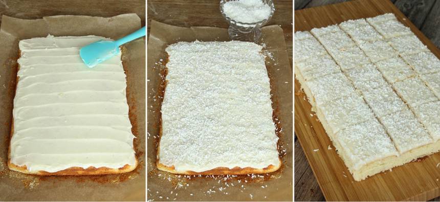 6. Bred ut glasyren över kakan och strö över kokos. Låt glasyren stelna innan du skär kakan i bitar med en vass kniv. Jämna gärna till ytterkanterna. 