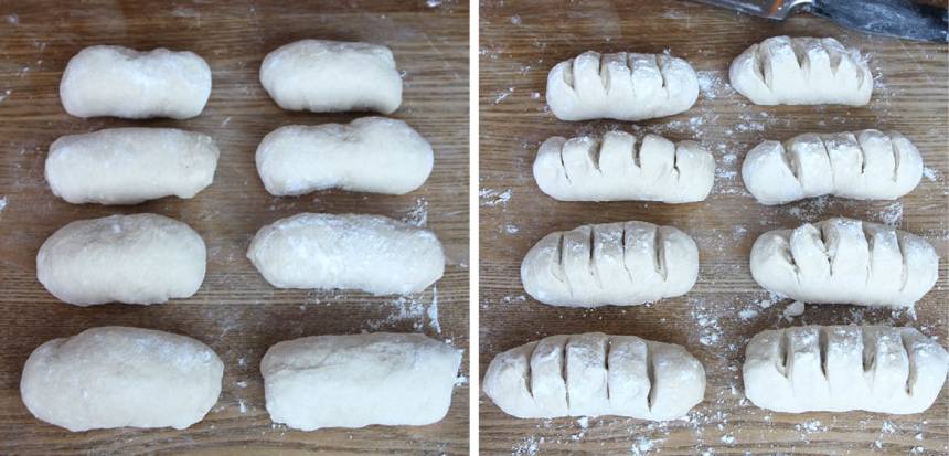 2. Dela degen i 8 bitar på ett mjölat bakbord. Forma dem till små limpor och skär ca 4 snitt i varje bröd med en vass kniv.  