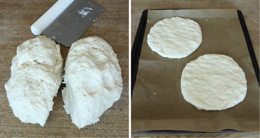 2. Dela degen i 2 delar och forma runda kakor med mjölade händer. Lägg dem på en plåt med bakplåtspapper. 