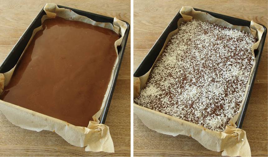 5. Bred ut kolaglasyren på kakan och strö över kokos. Låt kolan stelna lite innan du skär kakan i bitar. 