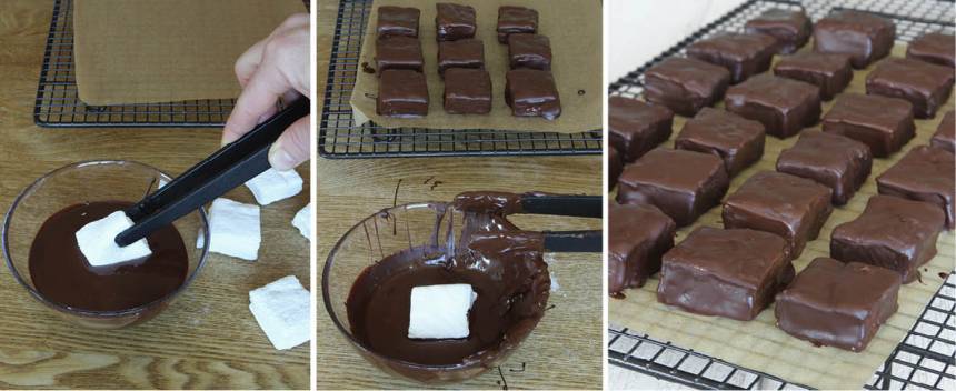 8. Klipp kakan i fyrkanter med en sax. Doppa bitarna i smält choklad och lägg dem på ett bakplåtspapper för att torka. Förvara godisbitarna i en burk med tättslutande lock. 