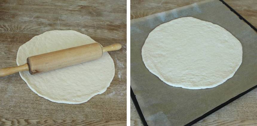 2. Kavla ut degen till en rundel, ½–1 cm tjock, på ett mjölat bakbord. Lägg den på en plåt med bakplåtspapper.
