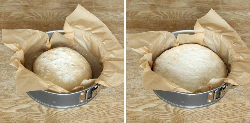 2. Forma degen till en slät boll och strö över lite mjöl. Tryck ut degen till en rund kaka i en springform, ca 24 cm i diameter klädd med bakplåtspapper (utan att jäsa). 