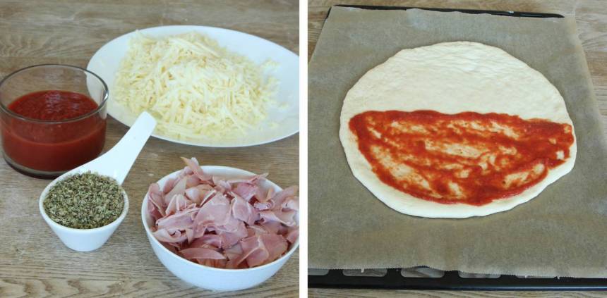 3. Bred ut pizzasåsen på halva rundeln (ej ända ut i kanterna). 