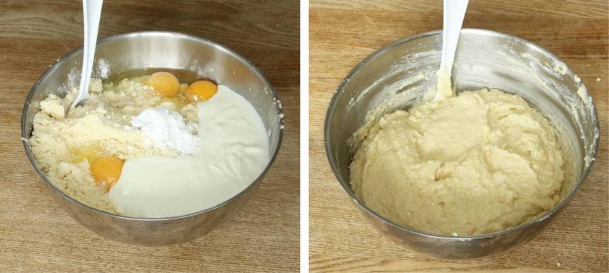 3. Tillsätt vaniljsocker, ägg och yoghurt i den stora bunken. Rör ihop allt till en smet. 