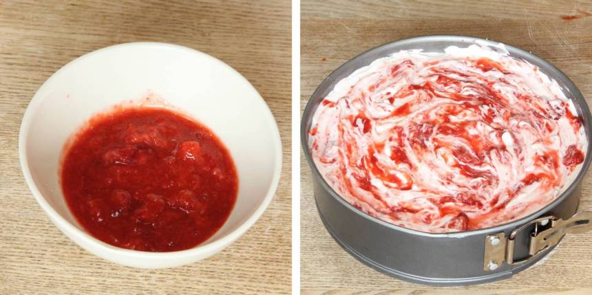 6. Garnering: Mosa jordgubbarna och ringla dem över ytan. Rör om lite försiktigt med en gaffel så ytan blir marmorerad. Ställ tårtan i frysen i ett par timmar och ta fram den ca 30 min före servering. 