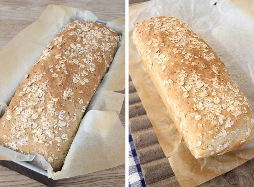 3. Sätt ugnen på 250 grader (ta nu fram brödet ur kylen om den kalljäst). Grädda brödet längst ner i ugnen i 35–40 min. Sänk värmen till 200 grader när du sätter in brödet i ugnen. Låt brödet svalna i formen. 