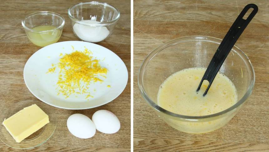 3. Blanda strösocker, ägg, citronskal och citronsaft i en skål. Häll blandningen i en kastrull. 