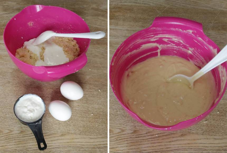 4. Tillsätt vaniljsocker, ägg och filmjölk i den stora bunken. Rör ihop allt till en smet. 