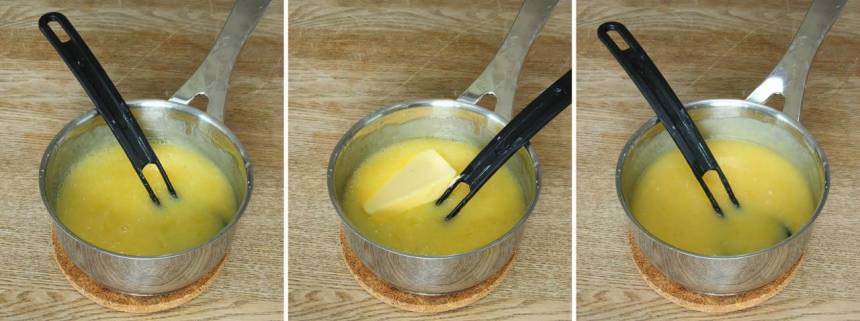 4. Koka försiktigt upp citronblandningen på låg värme tills den tjocknar. Blanda hela tiden! Ta  bort kastrullen från värmen och blanda ner smöret. 