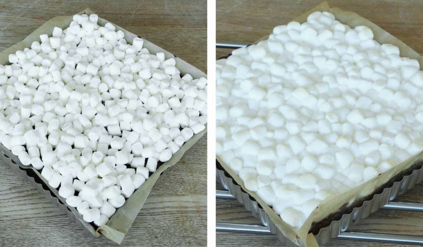 4. Ta ut kakan och sprid ut en påse minimarshmallows över den. Grädda kakan i ytterligare 5 min. Låt den svalna i formen. 