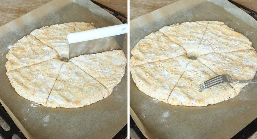 5. Gör ett hål i mitten, ca 3 cm i diameter. Skär kakan i 6–8 tårtbitar. Nagga degen med en gaffel. 