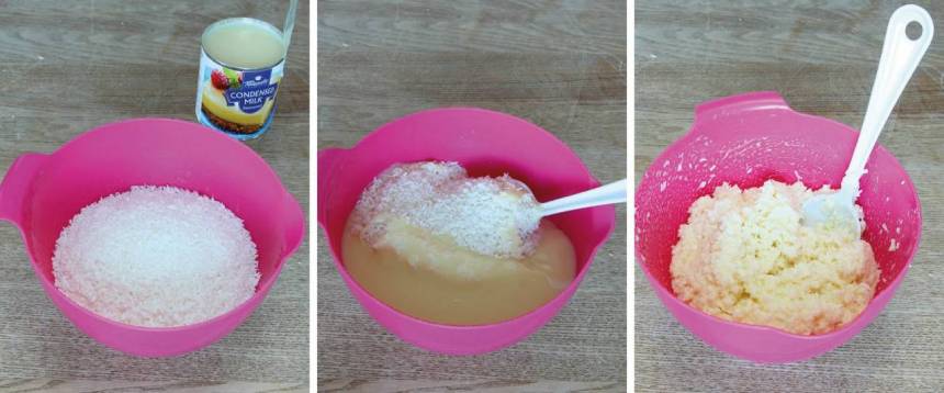 4. Kokosfyllning: Blanda kokos och kondenserad mjölk i en skål. 