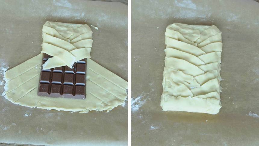 4. Vik översta kanten över chokladkakan. Fläta ihop flikarna ovanpå chokaldkakan och vik upp den undre kanten. 