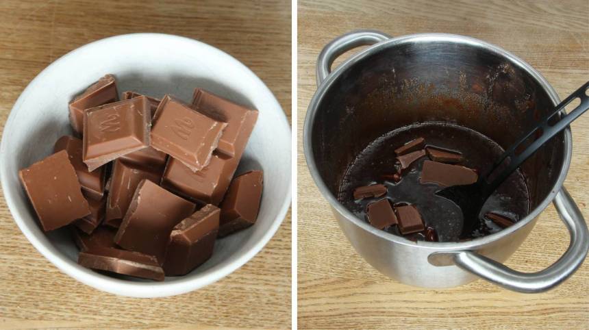 Ta bort kastrullen från värmen och tillsätt den hackade chokladen. Rör om tills den har smält och allt blandats ordentligt. 