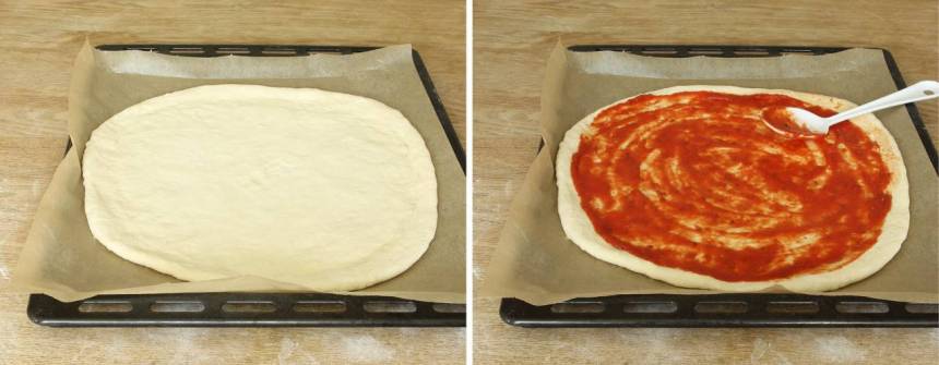 3. Bred ut pizzasåsen på degen (lämna 1–2 cm i kanterna). 