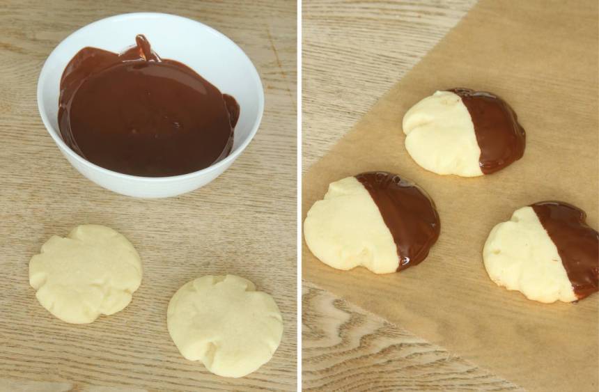 5. Doppa halva kakan i smält choklad. Lägg dem på ett bakplåtspapper och låt chokladen stelna (gärna i kylen). Förvara kakorna i en burk med tätslutande lock.