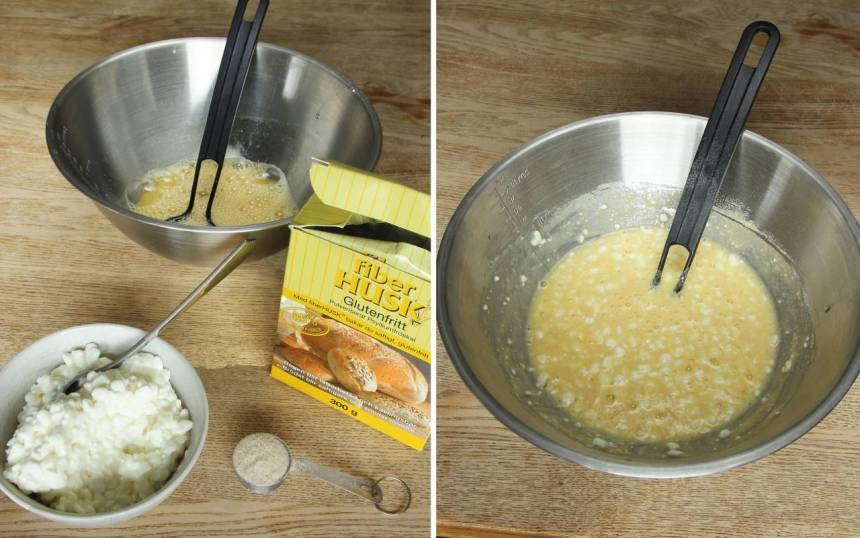 2. Blanda ner Keso och salt och rör om. Blanda sist ner fiberhusken och blanda ordentligt. Låt blandningen stå i 3–5 min. 