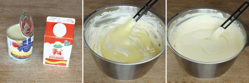 1. Vispa grädden fluffig i en skål. Häll ner den kondenserade mjölken i grädden och blanda ordentligt. 