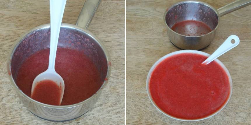 6. Mixa jordgubbarna till puré. Värm upp ca 1 dl av jordgubbspurén i en kastrull. Ta upp gelatinbladen ur vattnet, krama ur dem och smält ner dem i de varma jordgubbarna. Blanda dem med resten av jordgubbarna och rör om. 