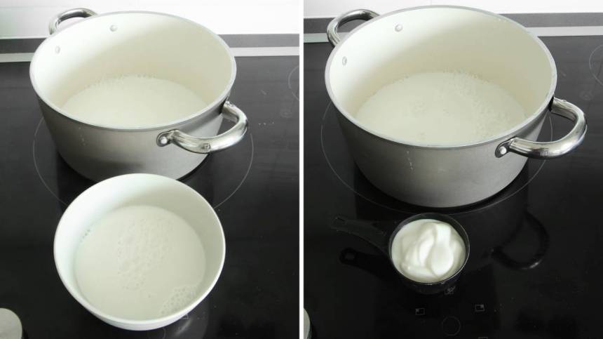 2. Häll ca 3 dl av mjölken i en skål. Blanda den med yoghurten och rör om ordentligt. 