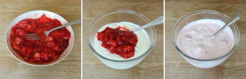 6. Mosa jordgubbar eller andra valfria bär och blanda dem med yoghurten. Förvaras i kylen 4–5 dagar. 