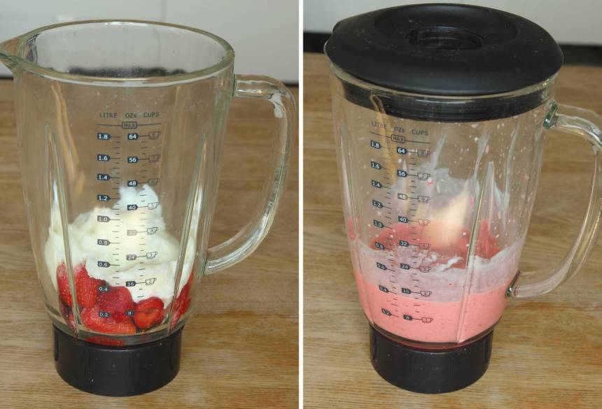 2. Mixa yoghurt och jordgubbar till en glass. Ät och njut direkt!