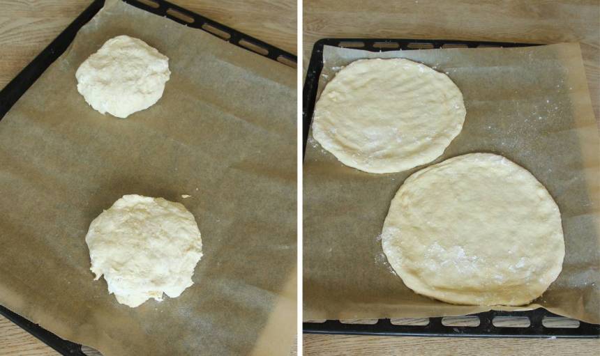 2. Dela degen i två bitar. Platt ut dem till rundlar, ½–1 cm tunna, med mjölade händer på en plåt med bakplåtspapper. 